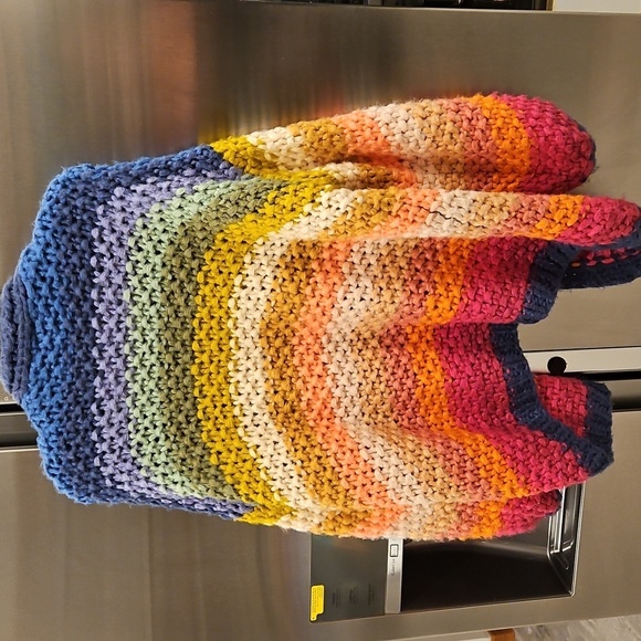 💕SAACHI💕 Mayflower Rainbow Stripe Cardigan ~ Hand Knit Multi-Color Medium - Picture 13 of 16